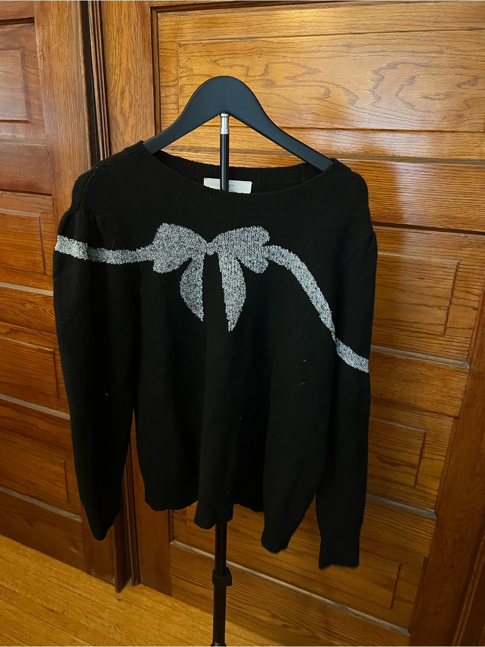 LOFT Black Women’s Sweater with Silver Bow Accent Holiday Sweater